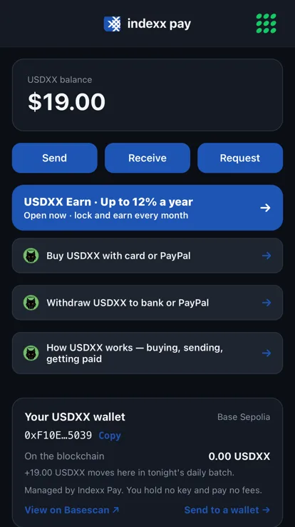 The Indexx Pay app home screen