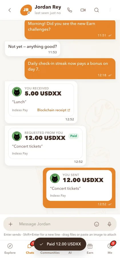 A YaysApp chat with a USDXX request paid with one tap